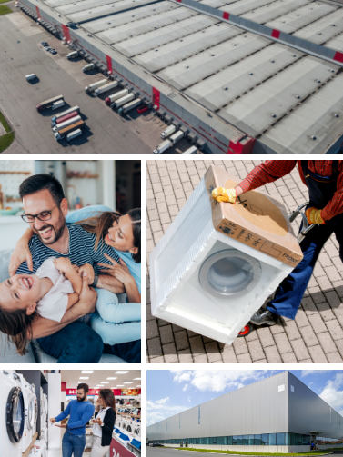 collage of appliance deliveries sales people families and warehouse